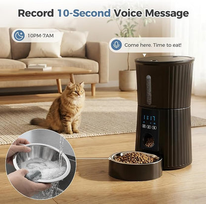 DUMOS 4L Automatic Cat Feeder, Dog Food Dispenser with APP Control, Black | 2.4G WiFi, 10s Voice Recorder, Dual Power, Desiccant Bag, Stainless Steel Bowl, Programmable Feeder for Small Cats and Dogs