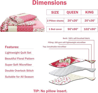 Cmfshape Summer Floral Queen Quilted Bedspread,Romantic Pink Quilt Set Full,Reversible Stitched Bedding Set All Season,Soft Lightweight Coverlet with Pillow Cases (Hot Pink&Rose, Queen90 x90)