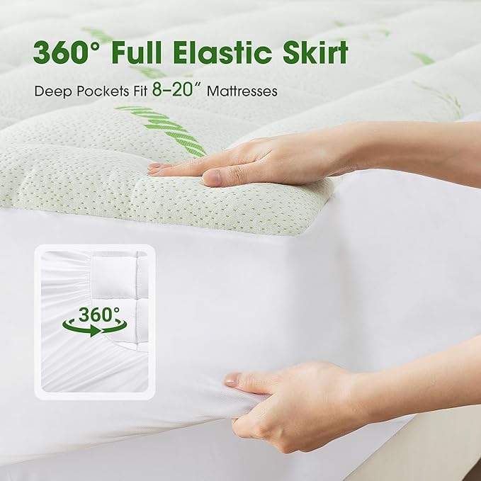 Mattress Pad Twin Size, Cooling Pillow Top Mattress Topper, Ultra Soft Viscose Made from Bamboo, Breathable for Hot Sleepers, Deep Pocket 8"-20", Green