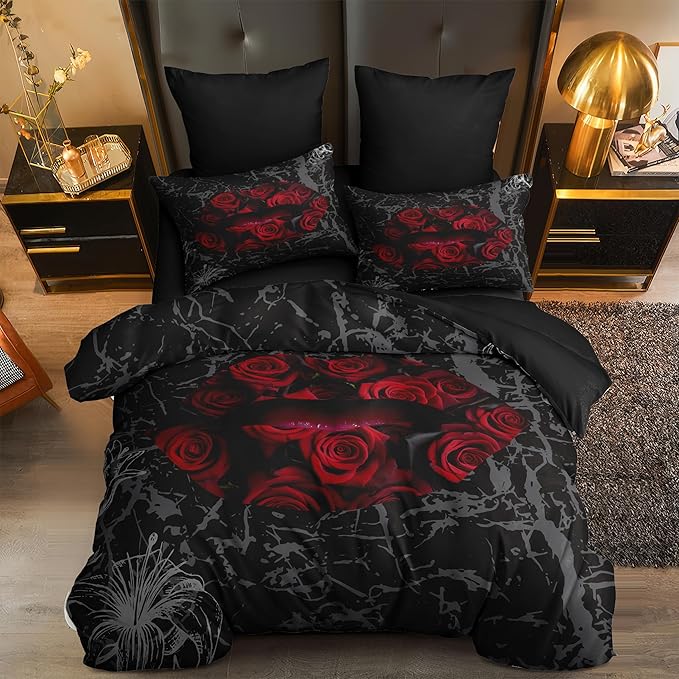 Gothic Black Rose Bedding Set Full Size, Red Sexy Lip Comforter Set for Girls Women, 3 Pieces Soft Fluffy Microfiber with 2 Pillowcases, 79"x90"