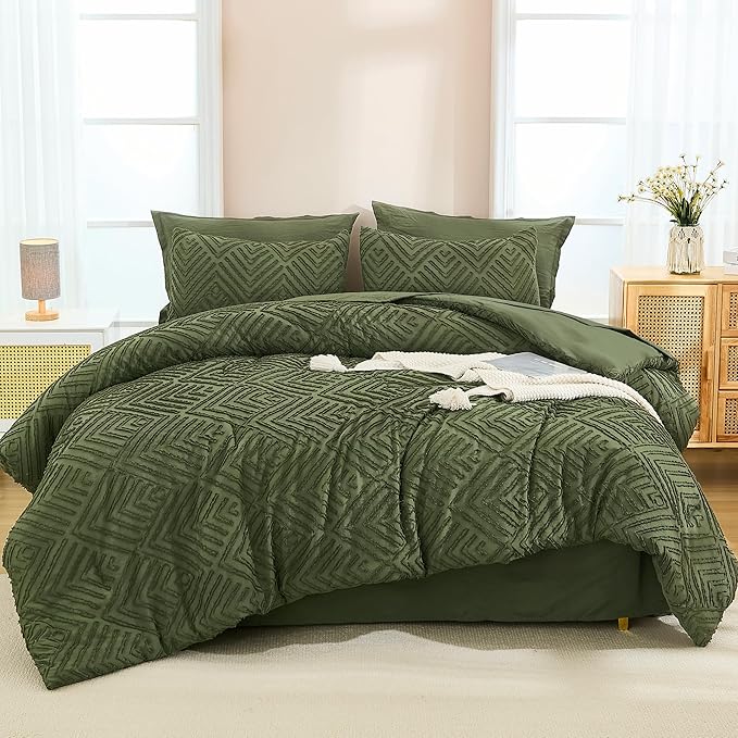 Andency Super King Plus Comforter Set Olive Green - 7 Piece Bed in a Bag Oversized King, Olive Green Boho Tufted Bedding Sets, Lightweight Fluffy Bed Set with Comforter, Sheets, Pillowcases & Shams
