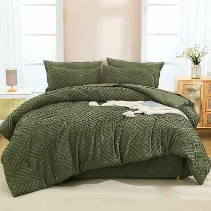 Andency Super King Plus Comforter Set Olive Green - 7 Piece Bed in a Bag Oversized King, Olive Green Boho Tufted Bedding Sets, Lightweight Fluffy Bed Set with Comforter, Sheets, Pillowcases & Shams