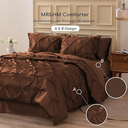 MR&HM Satin Comforter California King 7 Pieces Brown - Luxurious Pinch Pleat Bedding Set with Comforter, Flat Sheet, Fitted Sheet, Pillowcases & Shams, Super Silky Soft Bed Set for All Season