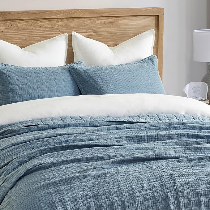 EVERGRACEHOME Stonewashed Cotton Quilt Set King Size, Ultra Soft Oversized Bedspread Coverlet Set, Lightweight Crinkle Box Stitch Bedding Sets for All Season, with 2 Shams, Sonoma Blue
