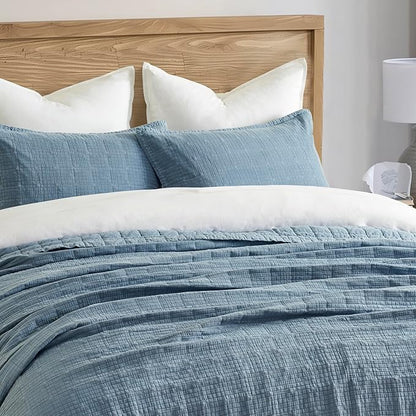 EVERGRACEHOME Stonewashed Cotton Quilt Set King Size, Ultra Soft Oversized Bedspread Coverlet Set, Lightweight Crinkle Box Stitch Bedding Sets for All Season, with 2 Shams, Sonoma Blue