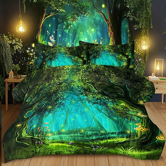 SOULZZZ Forest Comforter Set Full Size Premium Microfiber Green Forest Mushroom Butterfly Flower Pattern Comforter 3 Piece Aesthetic Green Bedding Set with 2 Pillow Shams