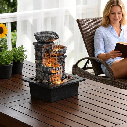 Kalona Tabletop Water Fountain, 3-Bowl Indoor Waterfall with LED Light | 9 cascading streams create soothing water sounds; rock-castle resin decor for meditation, relaxation, home, office or desk.