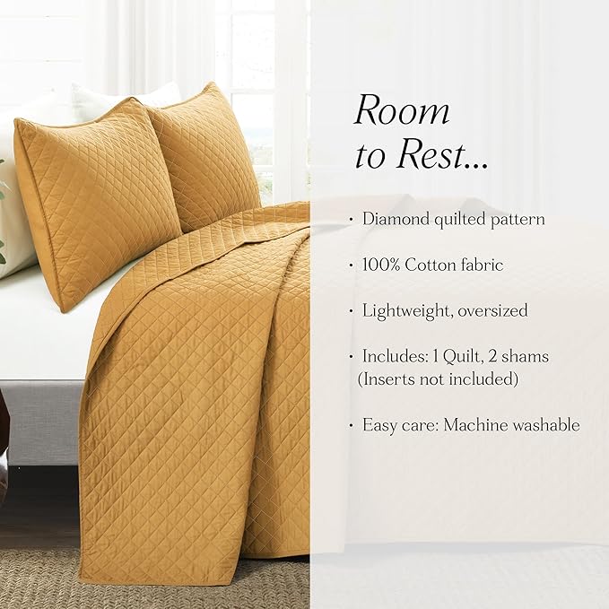 Lush Decor Ava Quilt Diamond Pattern Solid 3 Piece Oversized Bedding Blanket Bedspread Set - Full/Queen - Mustard