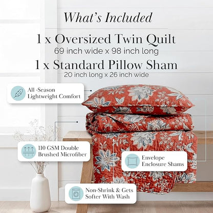 Southshore Fine Living, Inc. Oversized Quilt Bedding Set, 2-Piece Twin XL Coverlet with Matching Sham, Jacobean Willow Floral Coverlet, All Season Quilt Bedspread, Lightweight Twin Quilts, Red
