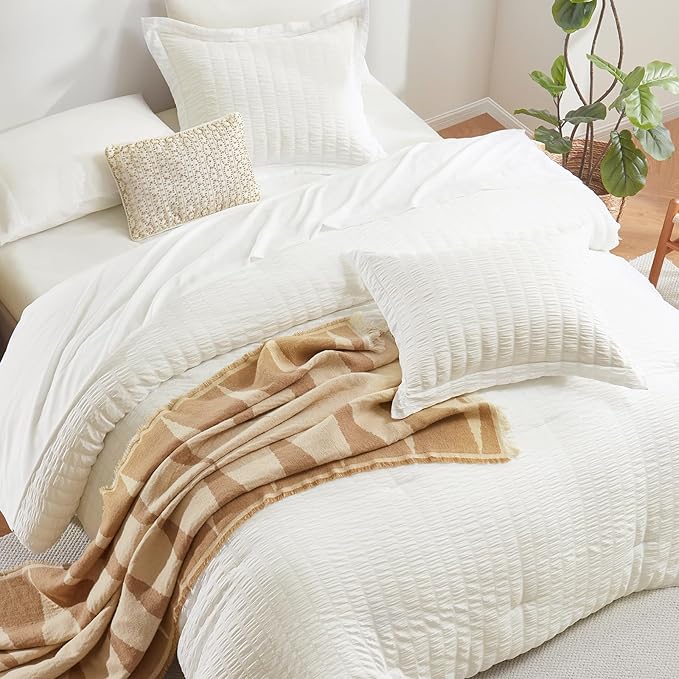 CozyLux Full Size Comforter Sets with Sheets 7 Pieces, Ivory Seersucker Bed in a Bag Textured Luxury Soft Bedding Sets with Down Alternative Comforter, Sheets, Pillowcases & Shams for All Season