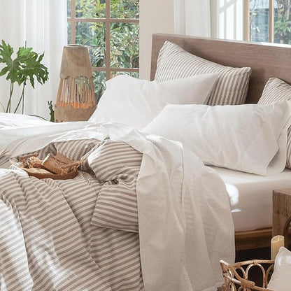 MooMee Bedding Sheet Set 100% Washed Cotton Linen Like Textured Breathable Durable Soft Comfy (Solid Off White, Queen)
