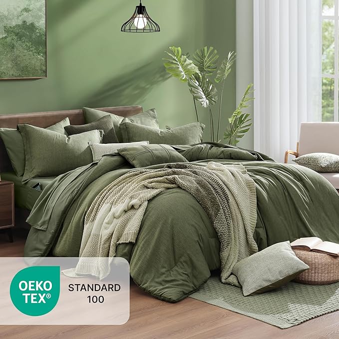 Monbix Oversized King Comforter Set - 7 Pieces Cationic Dyeing Olive Green Bed in a Bag Bed Sets with Comforter, Sheets, Pillowcases & Shams, Reversible Bedding Comforters Sets (120 * 98)