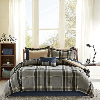 Intelligent Design Robbie 9-Piece Full Comforter Set – Lightweight All-Season Plaid Bedding, Navy/Tan, Cozy Bed-in-a-Bag with Matching Shams & Decorative Pillow, Modern Casual Style