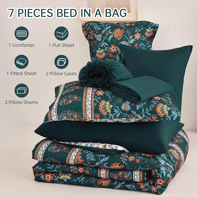 Dinjoy Boho Comforter Set Queen,Dark Green Bedding Paisley Floral 7 Piece Bed in a Bag Reversible Lightweight Bohemain Comforters with Sheet Sets for All Season