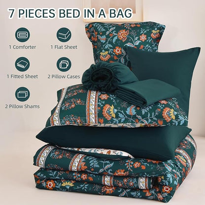 Dinjoy Comforter Set King Size Boho, Reversible Dark Green Bedding Paisley Floral 7 Piece Bed in a Bag Soft Lightweight Bohemain Comforters with Sheet Sets for All Season