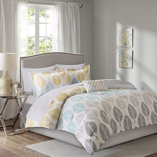Madison Park Essentials Central Park Bed in a Bag Comforter, Vibrant Color Design All Season Down Alternative Cover with Complete Cotton Sheet Set, Queen(90"x90"), Leaf Yellow/Aqua