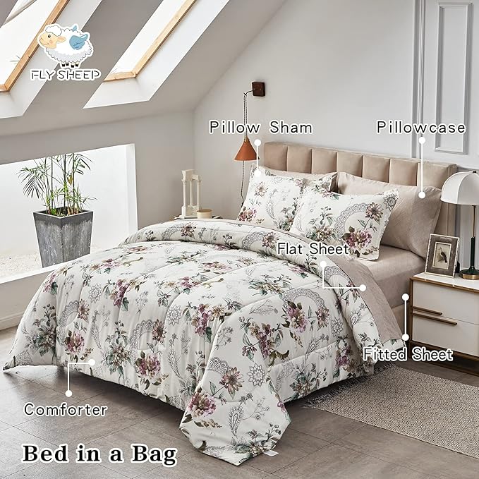 7 Pieces Bed in a Bag Queen Comforter Set with Sheets, Beige Floral Design, Soft Microfiber Bedding Sets for All Season (1 Comforter, 2 Pillow Shams, 1 Flat Sheet, 1 Fitted Sheet, 2 Pillowcases)