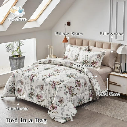 7 Pieces Bed in a Bag Queen Comforter Set with Sheets, Beige Floral Design, Soft Microfiber Bedding Sets for All Season (1 Comforter, 2 Pillow Shams, 1 Flat Sheet, 1 Fitted Sheet, 2 Pillowcases)