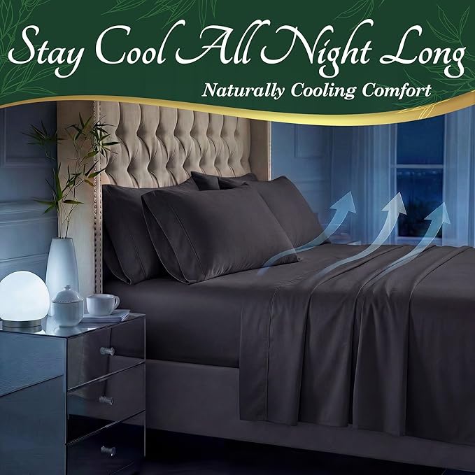 DECOLURE 100% Viscose Derived from Bamboo Sheets Full Size - Luxury 6 Pc Naturally Cooling Sheets, Ultra Soft Bed Set - Deep 17" Pockets, Durable Double Stitching, Oeko Tex Standard (Charcoal)