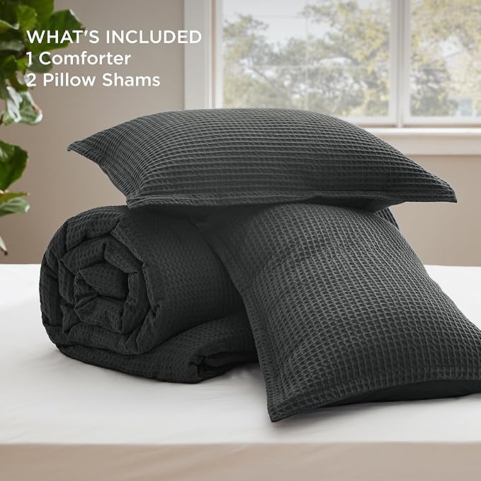 Bedsure Waffle Comforter Set Queen, Charcoal Soft Bedding, Waffle Weave Bed Set, 3 Pieces, 1 Comforter (90"x90") and 2 Pillow Shams, Cotton Shell and Polyester Lining for All Seasons