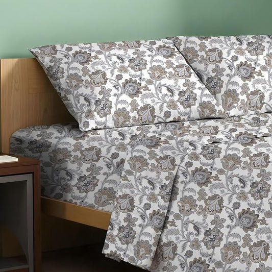 TEXAS LINEN CO. 100% Organic Cotton Printed Sheets Queen Size - 4 PC Organic Cotton Percale Sheets Queen Set (Floral Ivory), Cooling & Breathable Sheet, 16" Deep Pocket Hotel Bedding - GOTS Certified