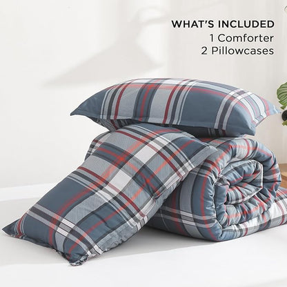 Andency Navy Red Plaid Comforter Set Queen(90x90Inch), 3 Pieces Grid Gingham Stripes Bedding Comforter Sets for Boys Girls Kids Teens, Preppy Geometric Line Soft Lightweight Reversible Bed Set as Gift