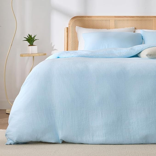 Blue Duvet Cover King, 100% Sandwashed Cotton Soft King Size Duvet Cover Set 3 Pieces with Zipper Clousre & Corner Buttons (Blue, King 104 x 90)