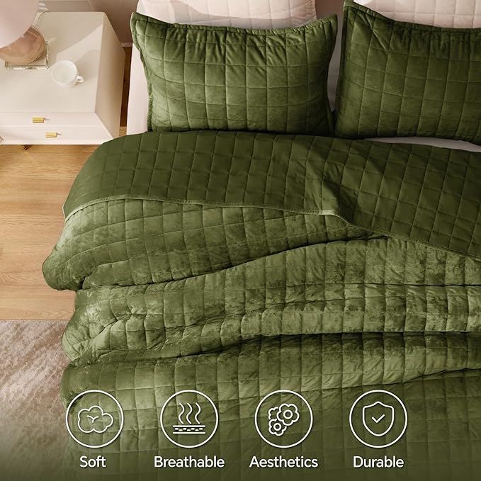 BEDELITE Velvet Quilt Set King Size - Luxury Velvet Comforter Bedding Set 3 Pieces, Lightweight Soft Cozy Olive Green Oversized Bedspread Coverlet for All Seasons with 2 Pillow Shams