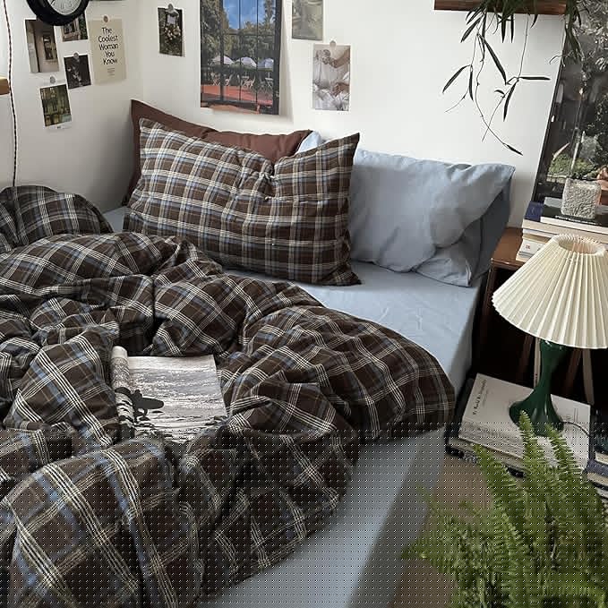 mixinni Vintage Brown & Blue Buffalo Plaid Duvet Cover Set Twin XL Size - 3 Piece Washed Cotton Bedding Set with Grid Pattern, Soft & Breathable Duvet Cover with Pillowcases for Boys, Men& Women