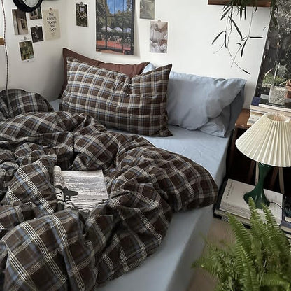 mixinni Vintage Brown & Blue Buffalo Plaid Duvet Cover Set Twin XL Size - 3 Piece Washed Cotton Bedding Set with Grid Pattern, Soft & Breathable Duvet Cover with Pillowcases for Boys, Men& Women