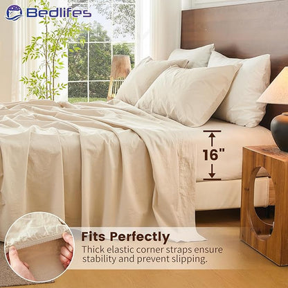 Bedlifes 100% French Pure Linen Sheets Queen Size Breathable and Cooling Flax Sheet Set Soft Durable and Moisture Wicking 16 Inch Deep Pocket-4 Piece(Queen,Linen)