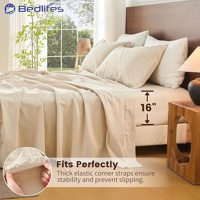 Bedlifes 100% French Pure Linen Sheets King Size Breathable and Cooling Flax Sheet Set Soft Durable and Moisture Wicking 16 Inch Deep Pocket-4 Piece(King,Linen)