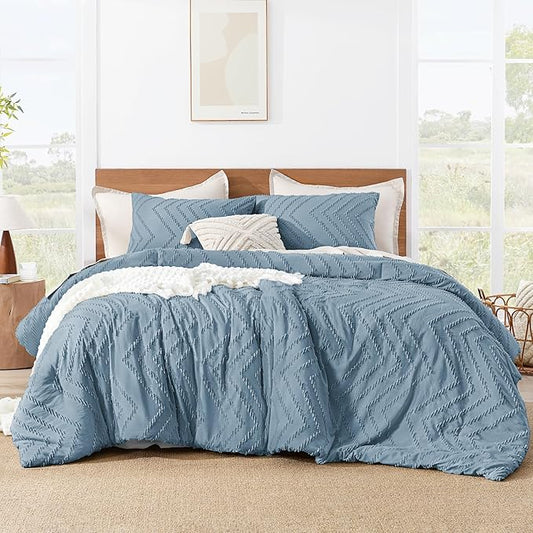 Litanika Oversized King Comforter Set Super King Size 120x120, 3 Pieces Grayish Blue Chevron Tufted Solid Bedding Comforter Sets, Fluffy Bed Set