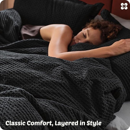 Bedsure Cotton Duvet Cover Set - 100% Cotton Waffle Weave Black Duvet Cover Oversized King Size, GentleSoft™ and Breathable Bedding Set for All Season, 3 Pieces, 120"x98"
