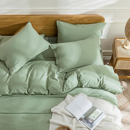 JELLYMONI Cotton Duvet Cover Full Size - Light Green Comforter Cover with Button 100% Washed Cotton 3PCS Breathable Soft Solid Bedding Set Duvet Cover 80×90in & 2 Pillowcases (NO Comforter)