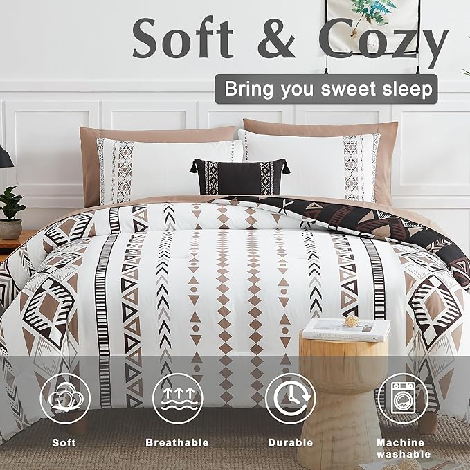 Geniospin Cal King Size Comforter Set- 7 Pieces Boho Bed in a Bag, Western Bedding Set for All Seasons, Reversible Aztec Bedding, Lightweight Comforter Bed Set with Sheets, Pillowcases & Shams