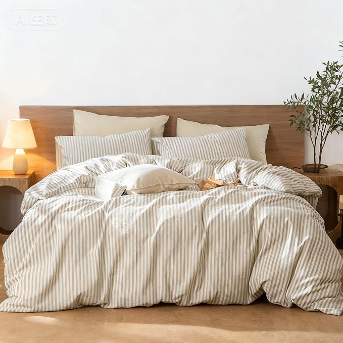 Nayoroom Striped Duvet Cover Queen Size - 100% Washed Cotton White Duvet Cover with Brown Stripes Pattern, 3 Pieces Soft Breathable Girls Dorm Bedding Set for Hot Sleepers, Yarn Dyed Process