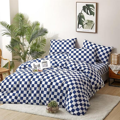 Houseri Royal Plaid Comforter Set Full Size Teen Boys Girls Dorm Bedding Quilt Comfy Deep Sea Blue Grid Comforter
