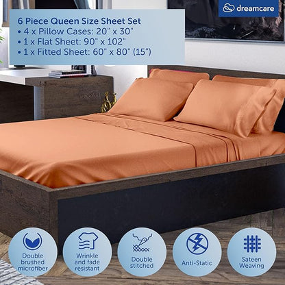 DREAMCARE Queen Sheet Set – 6 pcs Cooling Bed Sheets – up to 15” Deep Sheets Queen Size Bed Set – 2500 Supreme Collection – Extra Soft 100% Brushed Microfiber Hotel Luxury with Side Pocket, Terracota