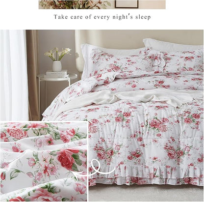Ruffle Comforter Set Full Pink Red Floral Comforter Princess Lace Floral Bedding Set Soft Microfiber Botanical Bedding Comforter Set 1 Flower Ruffled Comforter with 2 Pillowcases for Teen Girls