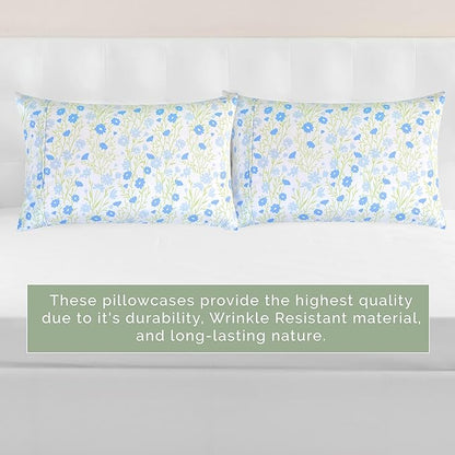 Elegant Comfort Ultra Soft Set of 2 Floral Print Pillowcases - 1500 Premium Hotel Quality Microfiber, Soft and Smooth Envelope Closure 2-Piece Pillow Covers - Standard/Queen, Blue Laurel