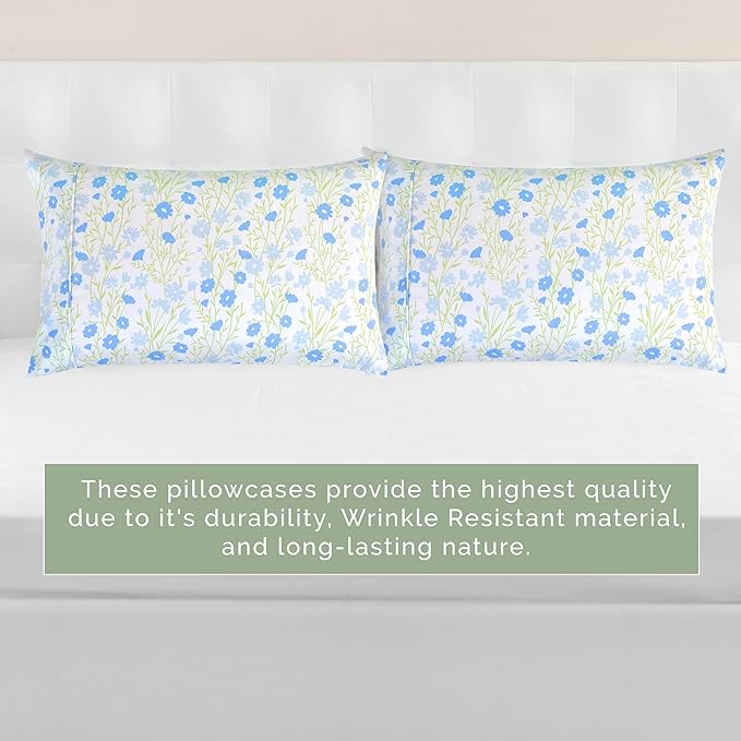 Elegant Comfort Ultra Soft Set of 2 Floral Print Pillowcases - 1500 Premium Hotel Quality Microfiber, Soft and Smooth Envelope Closure 2-Piece Pillow Covers - King, Blue Laurel