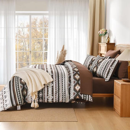 Dinjoy Drak Brown Boho Comforter Set Queen Size,7 Pieces Bed in a Bag Queen Coffee Aztec Bedding with Sheets Bohemian Geometric Striped Complete Set for Fall Winter 90"×90"
