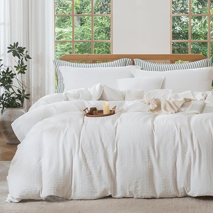 MILDLY White Striped Duvet Cover - 100% Washed Cotton Jacquard Textured Comforter Cover with Dual Zipper Closure & 8 Coner Ties