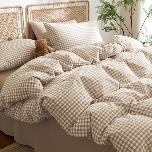 Nayoroom Gingham Duvet Cover Full Size 100% Washed Cotton Brown Tan Plaid Checkered Comforter Cover 3 Pcs Soft Breathable Grid Farmhouse Dorm Bedding Set for All Seasons