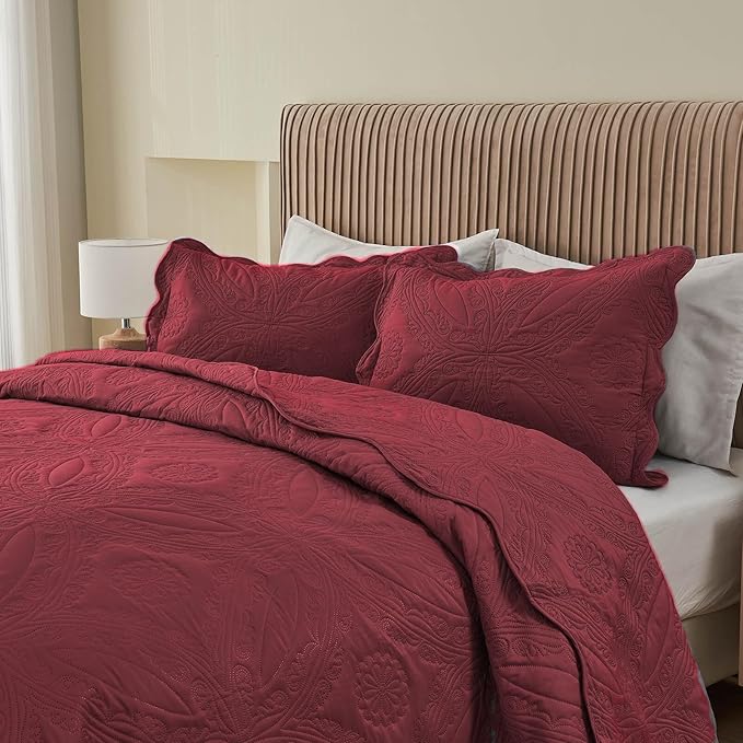 Kingnex Oversized King Bedspreads 128x120 for Extra Wide Tall King or Cal King Bed Ultrasonic Quilted Coverlet Set 3 Piece Include 1 Quilt 2 Pillowcases Burgundy