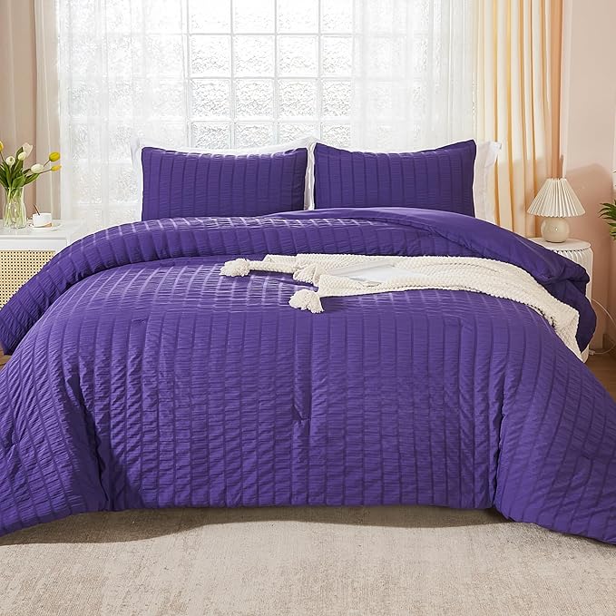 AveLom Dark Purple Seersucker Queen Comforter Set (90x90 inches), 3 Pieces-100% Soft Washed Microfiber Lightweight Comforter with 2 Pillowcases, All Season Down Alternative Comforter Set for Bedding
