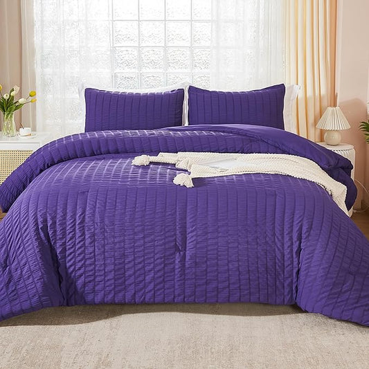 AveLom Dark Purple Seersucker Twin Comforter Set (68x90 inches), 2 Pieces-Soft Washed Microfiber Lightweight Comforter with 1 Pillowcase, All Season Down Alternative Comforter Set for Bedding