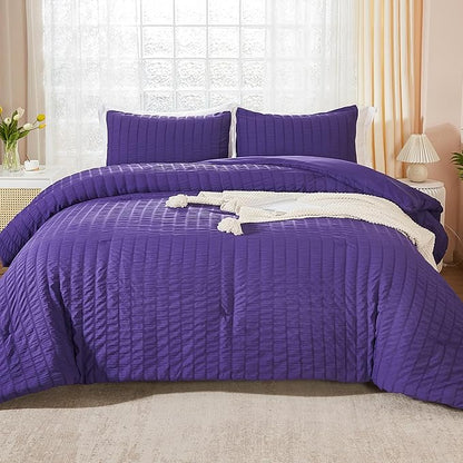 AveLom Dark Purple Seersucker Full Comforter Set (80x90 inches), 3 Pieces-Soft Washed Microfiber Lightweight Comforter with 2 Pillowcases, All Season Down Alternative Comforter Set for Bedding