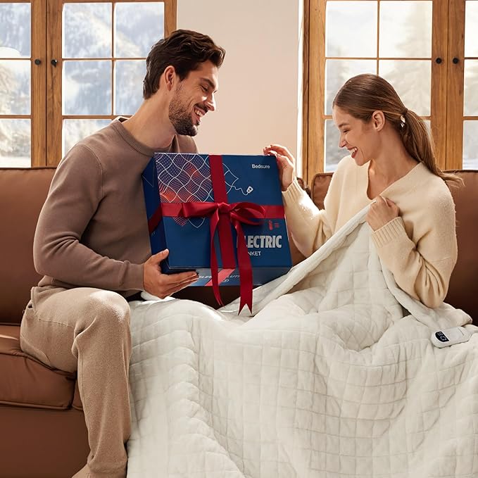 Bedsure Heated Blanket Throw Blanket - Quilted Electric Blanket, Soft Flannel Thick Heating Blanket with 4 Time Settings & 6 Heating Settings, Warm Gifts for Women Men (50x60 inches, Ivory)